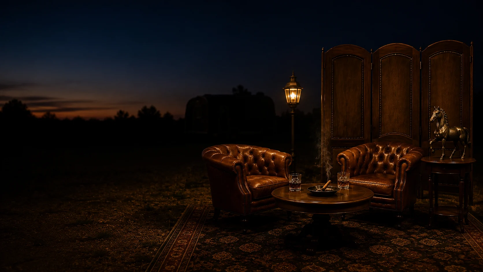 The Mobile Lounge Experience, an outdoor cigar lounge setup at dusk